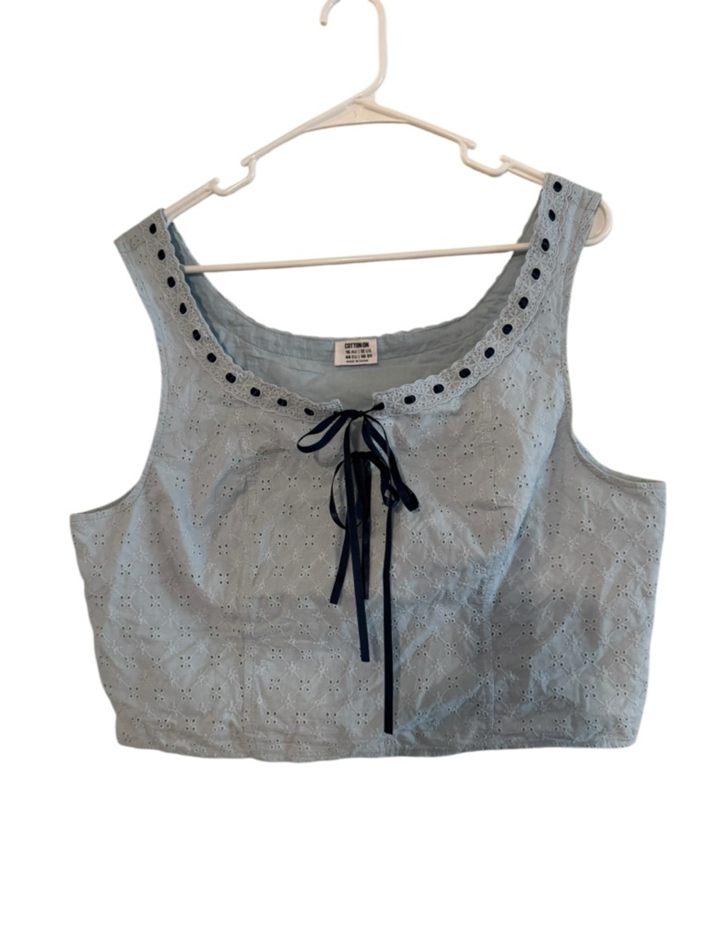 Cotton On Pale Blue Eyelet Tie-Front Crop Top with Navy Ribbon